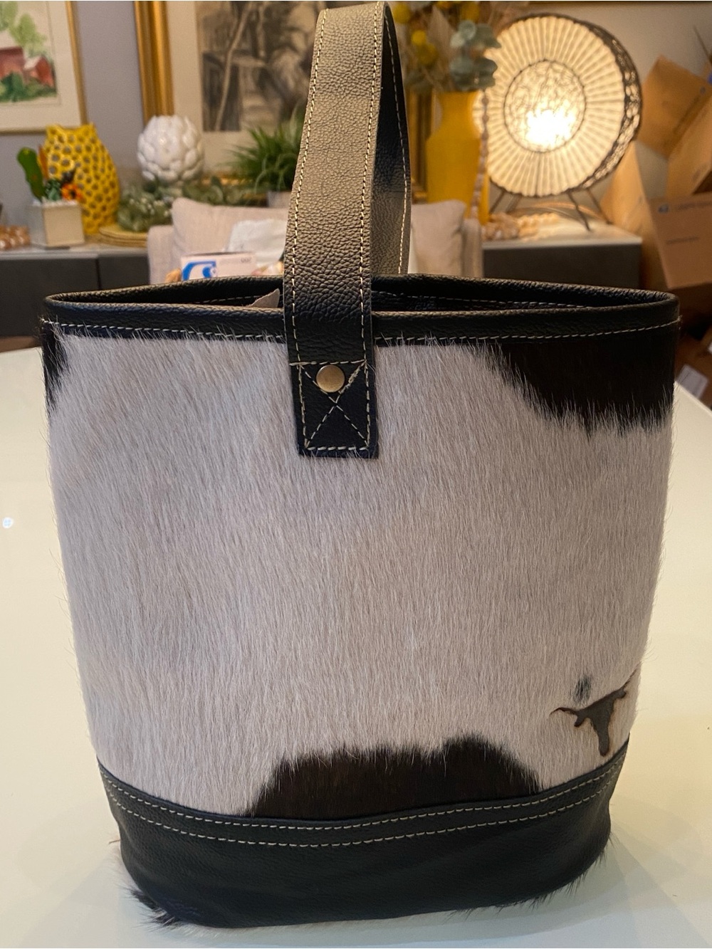 Myra Bag Cowhide Leather Wine Bottle Tote Bucket Bag Branded Steer Longhorn